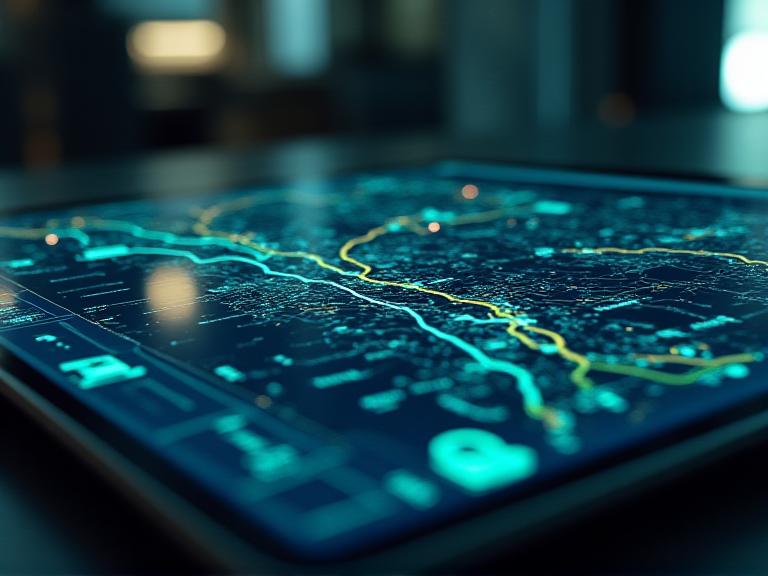 Digital dashboard showing real time logistics tracking and truck locations on a map