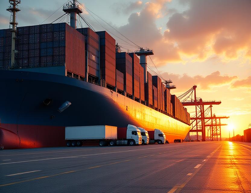 Large container ship and commercial trucks at a sunset port terminal