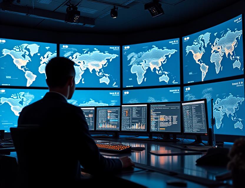 Modern logistics dispatch center with glowing digital screens